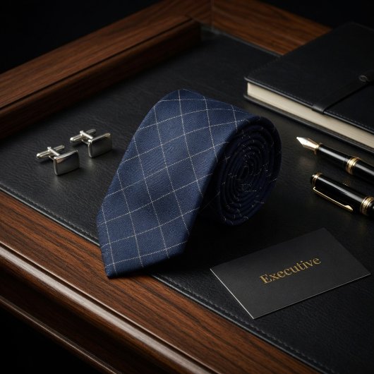 Klassieke Navy Blauwe en Witte Windowpane Rut Stropdas