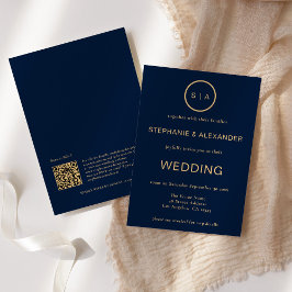 Klassieke Navy Blauwe Gouden Monogram QR Code Brui Kaart