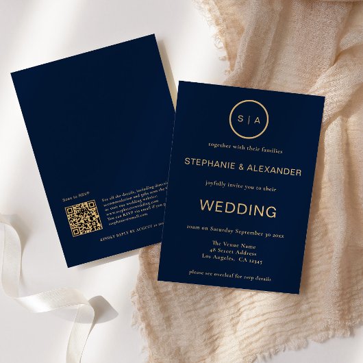 Klassieke Navy Blauwe Gouden Monogram QR Code Brui Kaart