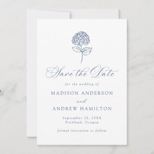 Klassieke Navy Blauwe Hortensia Bruiloft Save The Date (Voorkant)