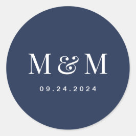 Klassieke Navy Blauwe Monogram Typografie Trouwdag Ronde Sticker