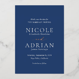 Klassieke Navy Blue Elegant Wedding Save the Date Folie Uitnodiging