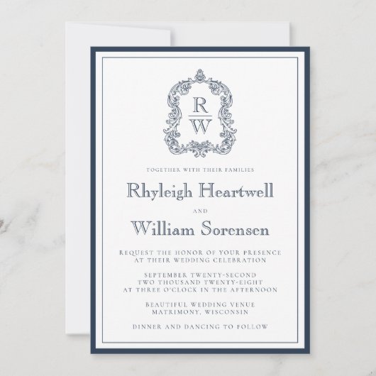 Klassieke Navy Blue Monogram Crest White Wedding Kaart (Voorkant)
