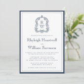 Klassieke Navy Blue Monogram Crest White Wedding Kaart (Staand voorkant)