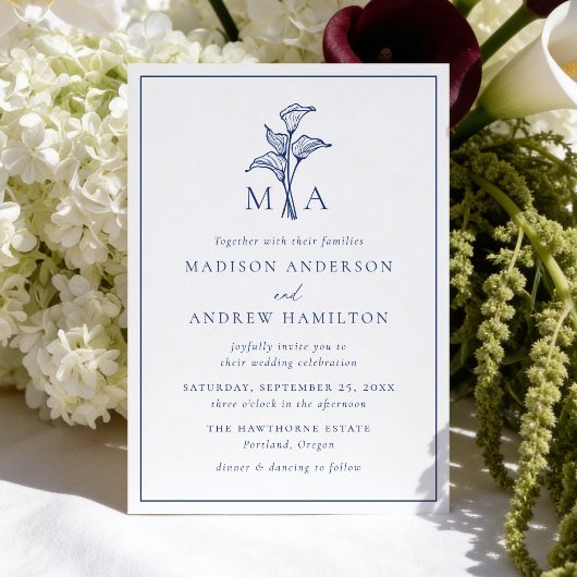 Klassieke Navy Calla Lily Monogram Huwelijk Kaart