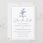 Klassieke Navy Calla Lily Monogram Huwelijk Save The Date (Voorkant)