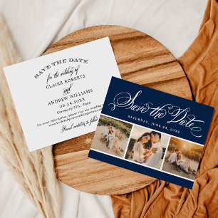 Klassieke Navy Calligrafie Drie Foto Huwelijk Save The Date