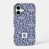 Klassieke Navy Damast Patroon Monogram Tas iPhone 16 Hoesje (Achterkant)