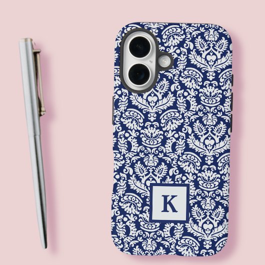 Klassieke Navy Damast Patroon Monogram Tas iPhone 16 Hoesje