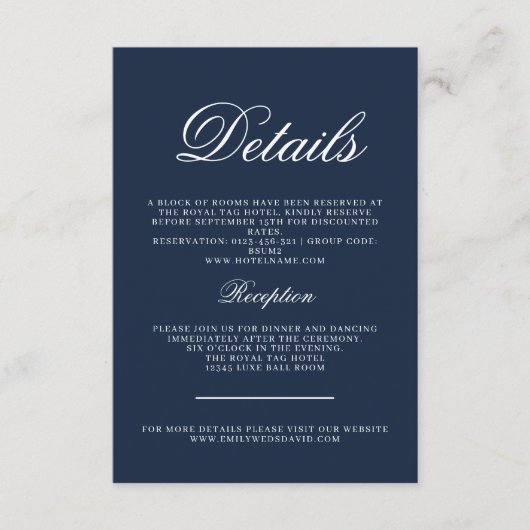 Klassieke Navy Elegance Kalligrafisch Informatiekaartje (Voorkant)