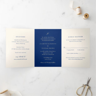 Klassieke Navy en Crème Elegante All-in-One Trouw Drieluik Uitnodiging