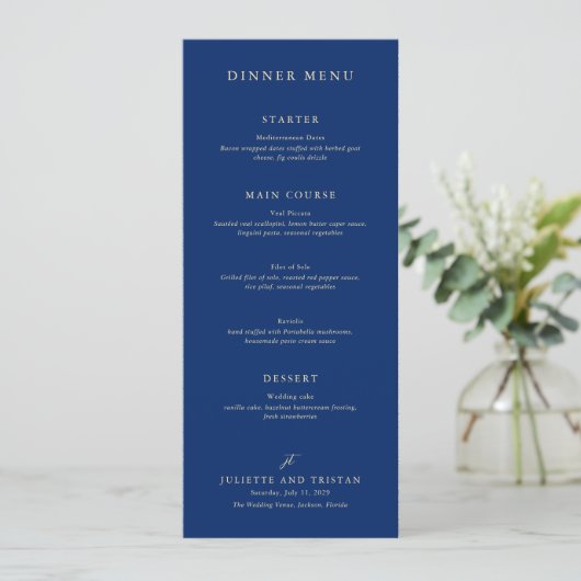 Klassieke Navy en Crème Elegante Trouwdag Menu (Staand voorkant)
