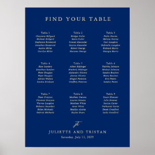 Klassieke Navy en Crème Trouwzaalstoelenkaart Poster