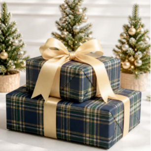 Klassieke Navy & Forest Groen Kerstmis Tartan Plai Cadeaupapier