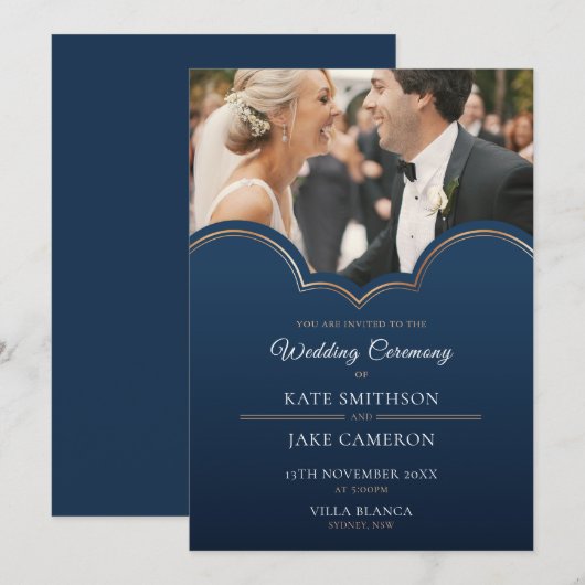 Klassieke Navy Goud Foto Save the Date Uitnodiging (Voorkant / Achterkant)