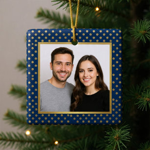 Klassieke Navy & Gouden Stippenframe Foto Kerstmis Metalen Ornament