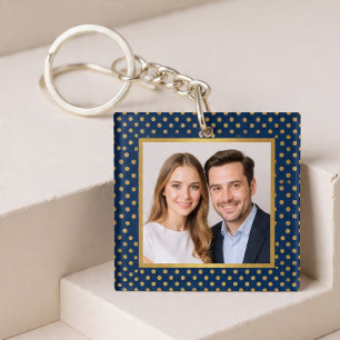 Klassieke Navy & Gouden Stippenframe Foto Sleutelhanger