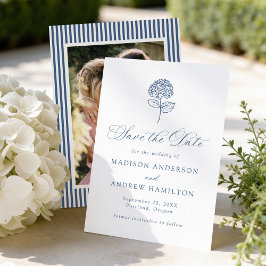 Klassieke Navy Hortensia Foto Bruiloft Save The Date