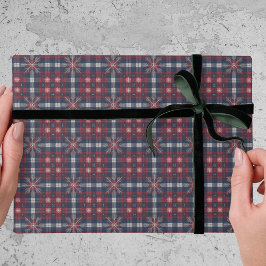 Klassieke Navy Rood Geruite Sneeuwvlokken Kerst Cadeaupapier