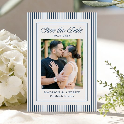 Klassieke Navy Strepen Foto Bruiloft Save The Date