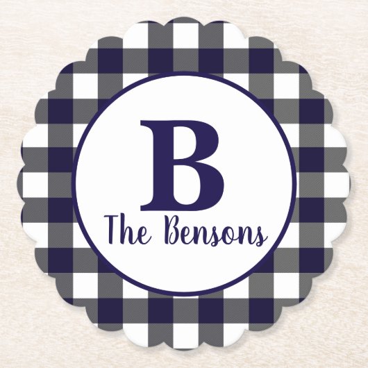 Klassieke Navy White Monogram Buffalo Plaid Kartonnen Onderzetters (Voorkant)