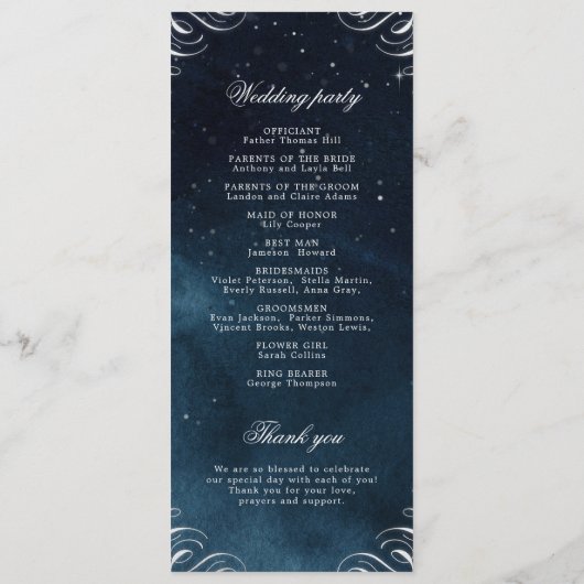 Klassieke Navy Zilveren Kalligrafie Bruiloft Progr Menu (Achterkant)