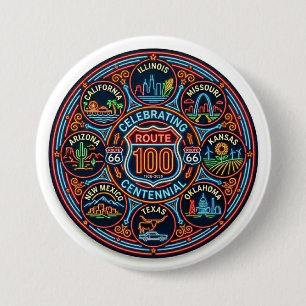 Klassieke Neon Route 66 Eeuwfeest Wegreis Cadeau Ronde Button 7,6 Cm