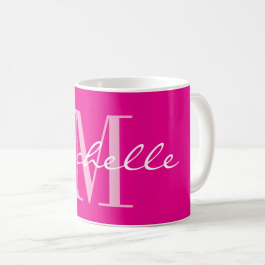 Klassieke neon roze naam monogram koffiemok (Voorkant rechts)