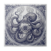 Klassieke Octopus Duikerhelm Gravure Kunst Tegeltje (Voorkant)