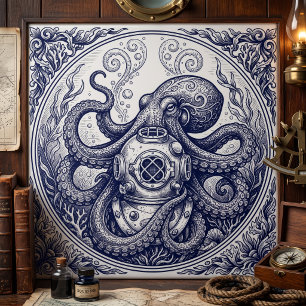 Klassieke Octopus Duikerhelm Gravure Kunst Tegeltje
