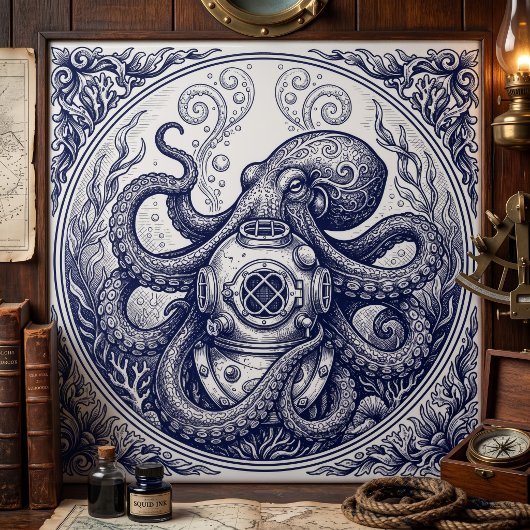 Klassieke Octopus Duikerhelm Gravure Kunst Tegeltje