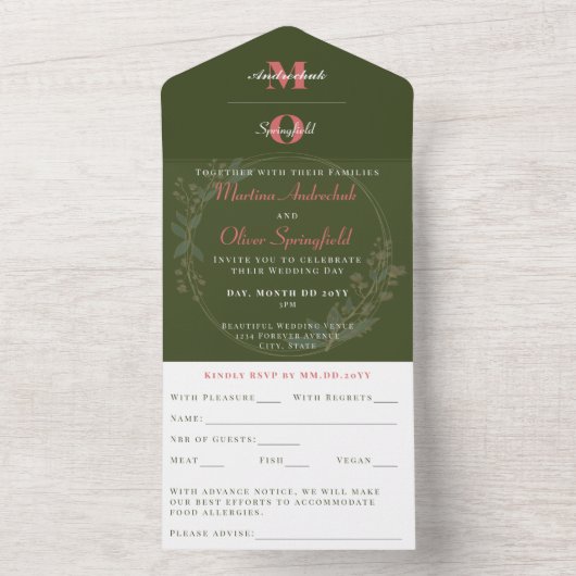 Klassieke Olijfgroen Blush minimalistische bruilof All In One Uitnodiging (Binnen)