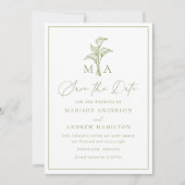 Klassieke Olijfgroene Calla Lelie Monogram Bruilof Save The Date (Voorkant)