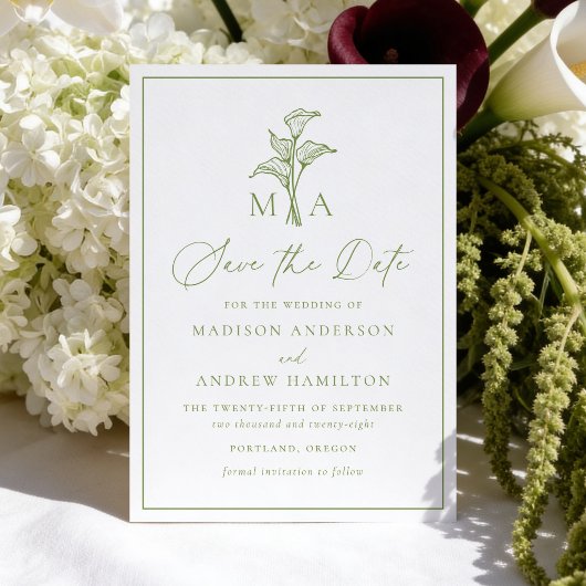 Klassieke Olijfgroene Calla Lelie Monogram Bruilof Save The Date