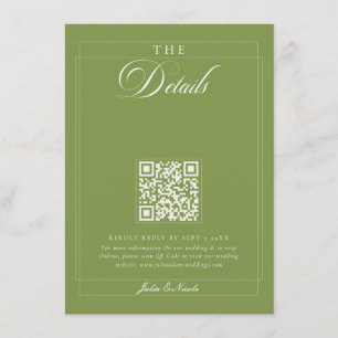 Klassieke Olijfgroene Ivoor Calligrafie QR Details Informatiekaartje
