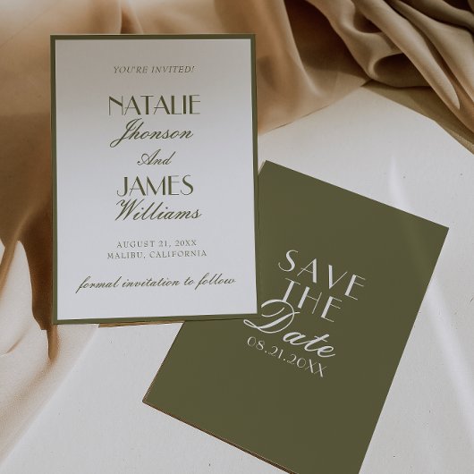 Klassieke Olijfgroene Old Money Boho Bruiloft Save The Date