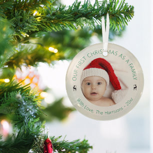 Klassieke onze eerste kerst als familie foto glas ornament
