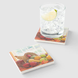 Klassieke oogsttafel met overvloed stenen onderzetter