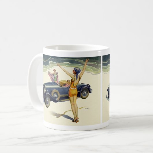 Klassieke open auto op het strand koffiemok (Voorkant links)
