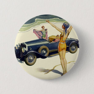 Klassieke Open Auto op het Strand Ronde Button 5,7 Cm