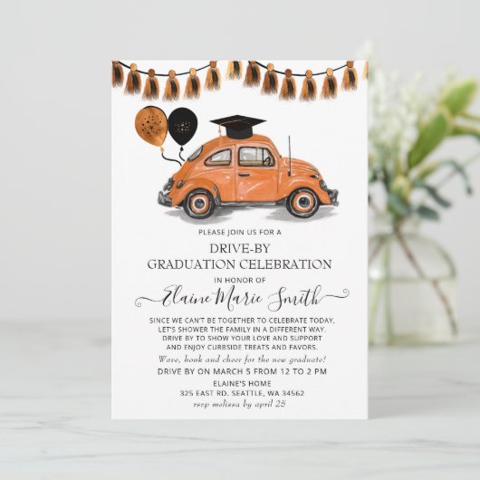 Klassieke oranje kever met ballonnen Drive By afst Kaart (Staand voorkant)