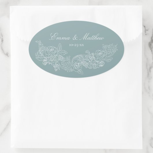 Klassieke Ornament Dusty Blue Wedding Logo Ovale Sticker (Tas)