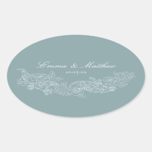 Klassieke Ornament Dusty Blue Wedding Logo Ovale Sticker