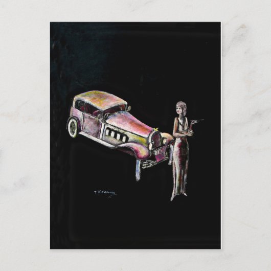 klassieke oude auto en 1920-stijl art deco lady briefkaart (Voorkant)