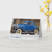 Klassieke oude auto met hond kaart (Gele Bloem)