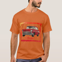 Klassieke oude rode auto die op T-shirts schildert