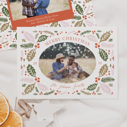 Klassieke Ovale Hollybessen Foto | Kleurrijk Helde Feestdagenkaart