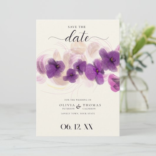 Klassieke Paarse orchidee Modern Boho foto bruilof Save The Date (Staand voorkant)
