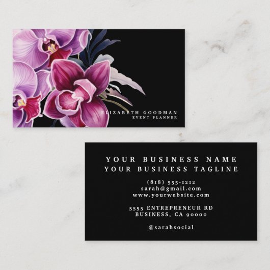 Klassieke Paarse Orchideeën Zwarte Visitekaartjes (Voorkant / Achterkant)