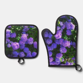 Klassieke Paarse Realistische Hortensia Ovenwant & Pannenlap Set